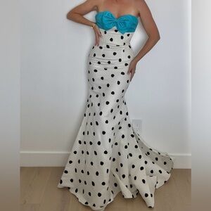 Jovani Teal and White Polka Dot Prom Dress